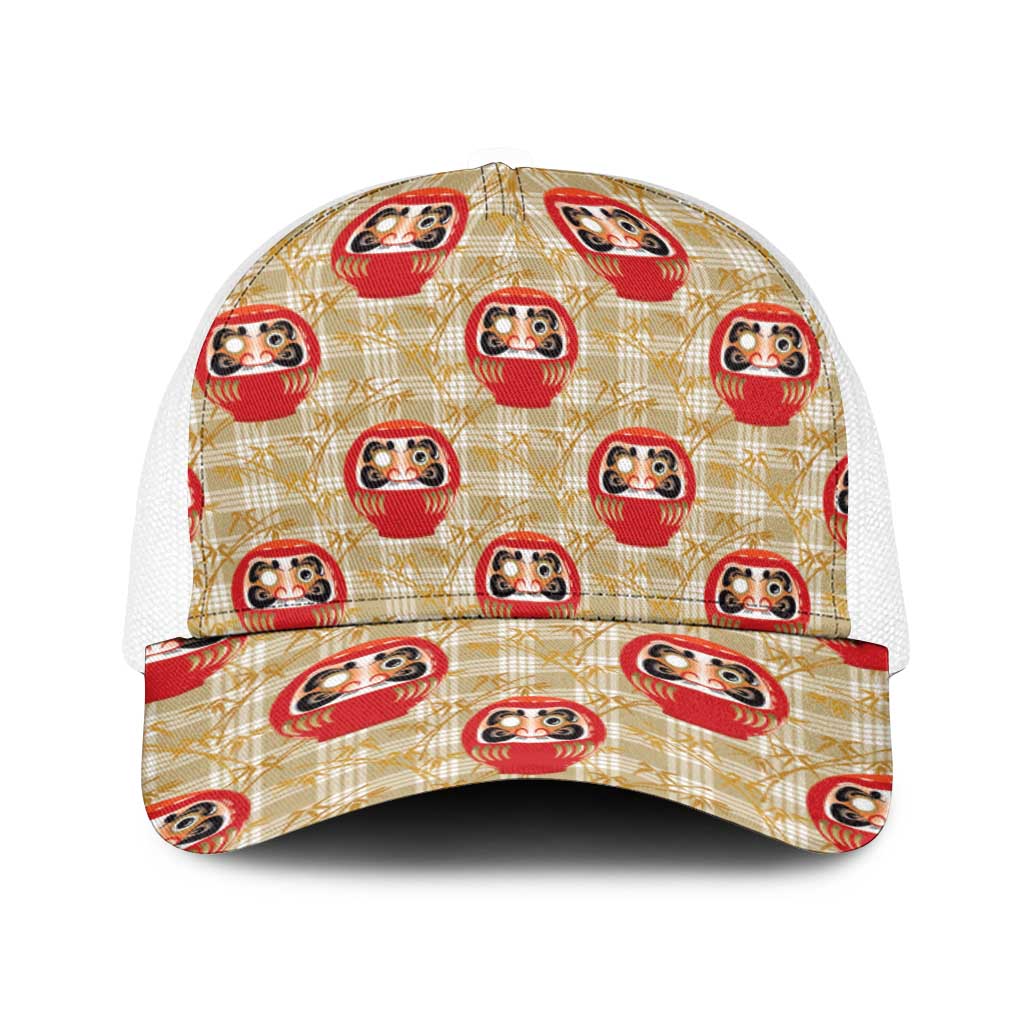 Japanese Daruma Doll Baseball Net Cap Palaka With Seamless Bamboo Pattern LT14 One Size White Beige - Polynesian Pride