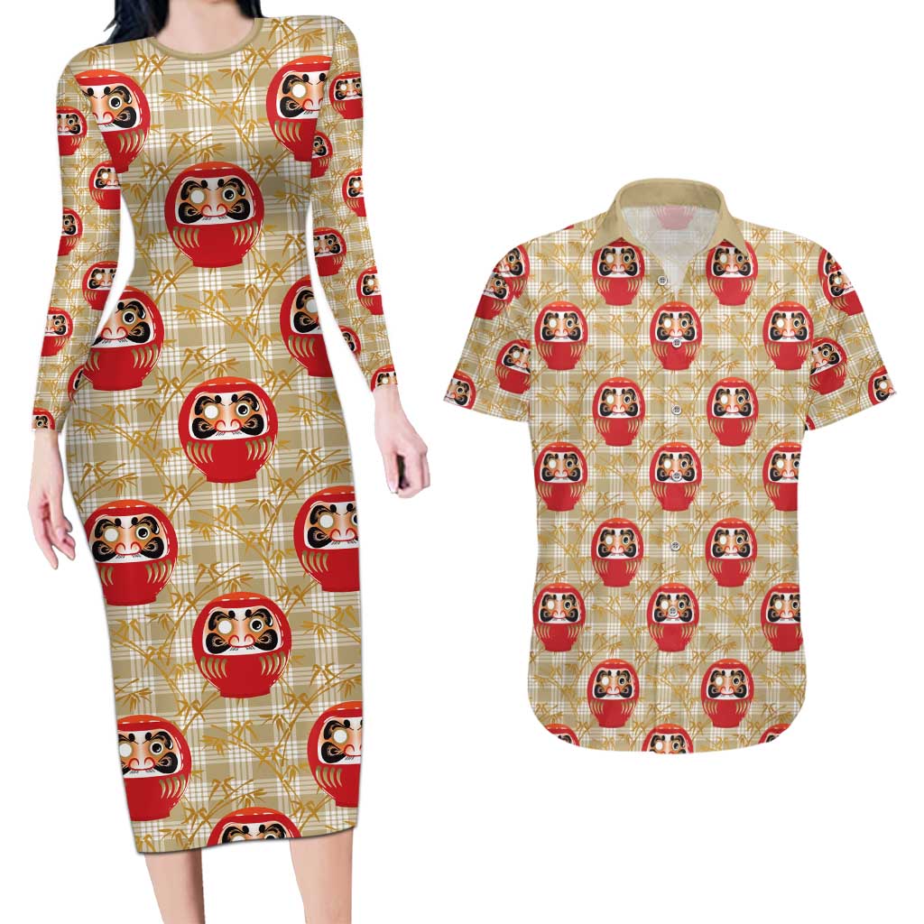 Japanese Daruma Doll Couples Matching Long Sleeve Bodycon Dress and Hawaiian Shirt Palaka With Seamless Bamboo Pattern - Polynesian Pride