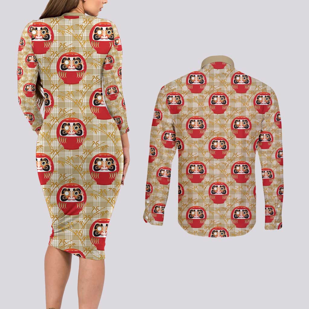 Japanese Daruma Doll Couples Matching Long Sleeve Bodycon Dress and Long Sleeve Button Shirt Palaka With Seamless Bamboo Pattern - Polynesian Pride
