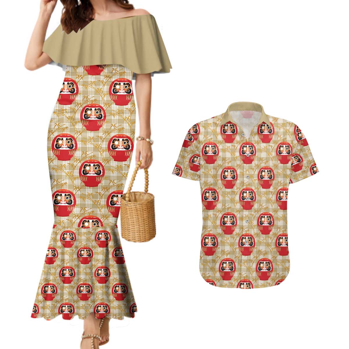 Japanese Daruma Doll Couples Matching Mermaid Dress and Hawaiian Shirt Palaka With Seamless Bamboo Pattern - Polynesian Pride