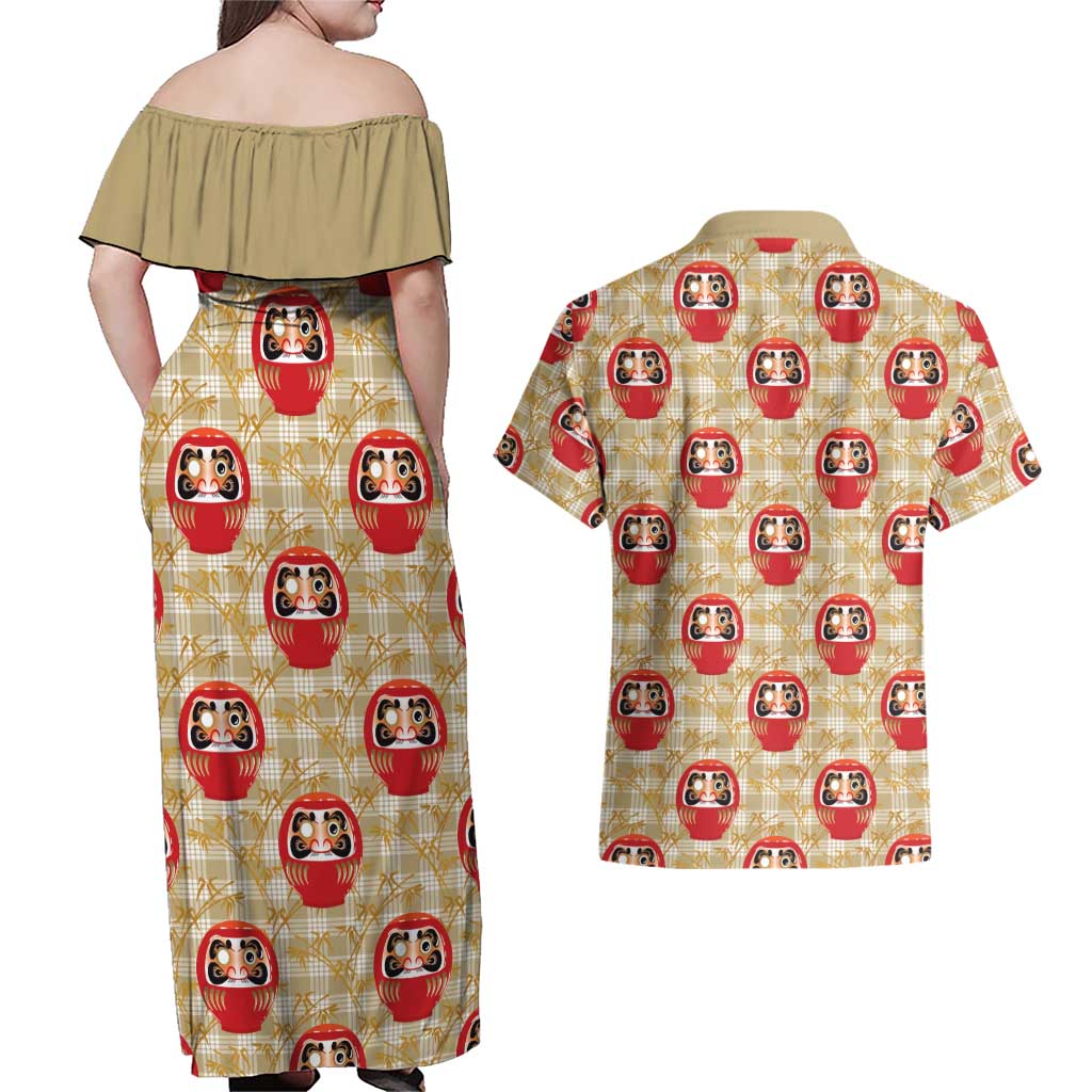 Japanese Daruma Doll Couples Matching Off Shoulder Maxi Dress and Hawaiian Shirt Palaka With Seamless Bamboo Pattern - Polynesian Pride