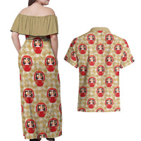 Japanese Daruma Doll Couples Matching Off Shoulder Maxi Dress and Hawaiian Shirt Palaka With Seamless Bamboo Pattern - Polynesian Pride