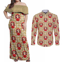 Japanese Daruma Doll Couples Matching Off Shoulder Maxi Dress and Long Sleeve Button Shirt Palaka With Seamless Bamboo Pattern - Polynesian Pride