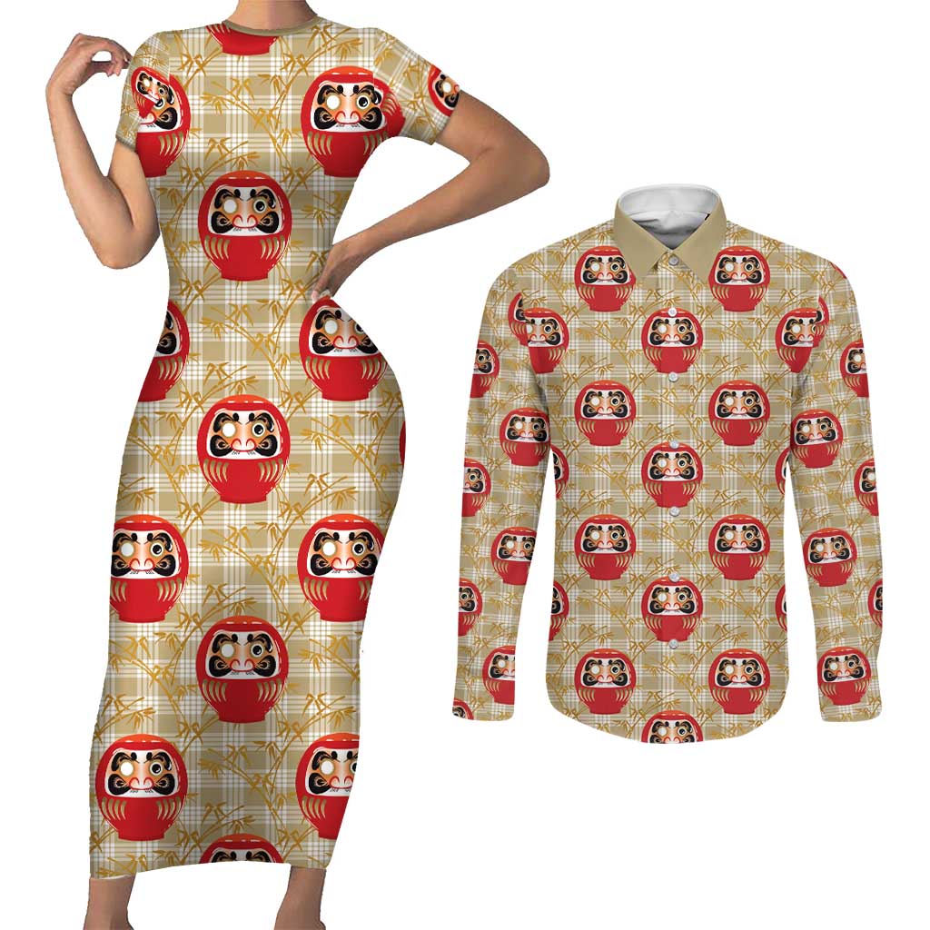 Japanese Daruma Doll Couples Matching Short Sleeve Bodycon Dress and Long Sleeve Button Shirt Palaka With Seamless Bamboo Pattern - Polynesian Pride
