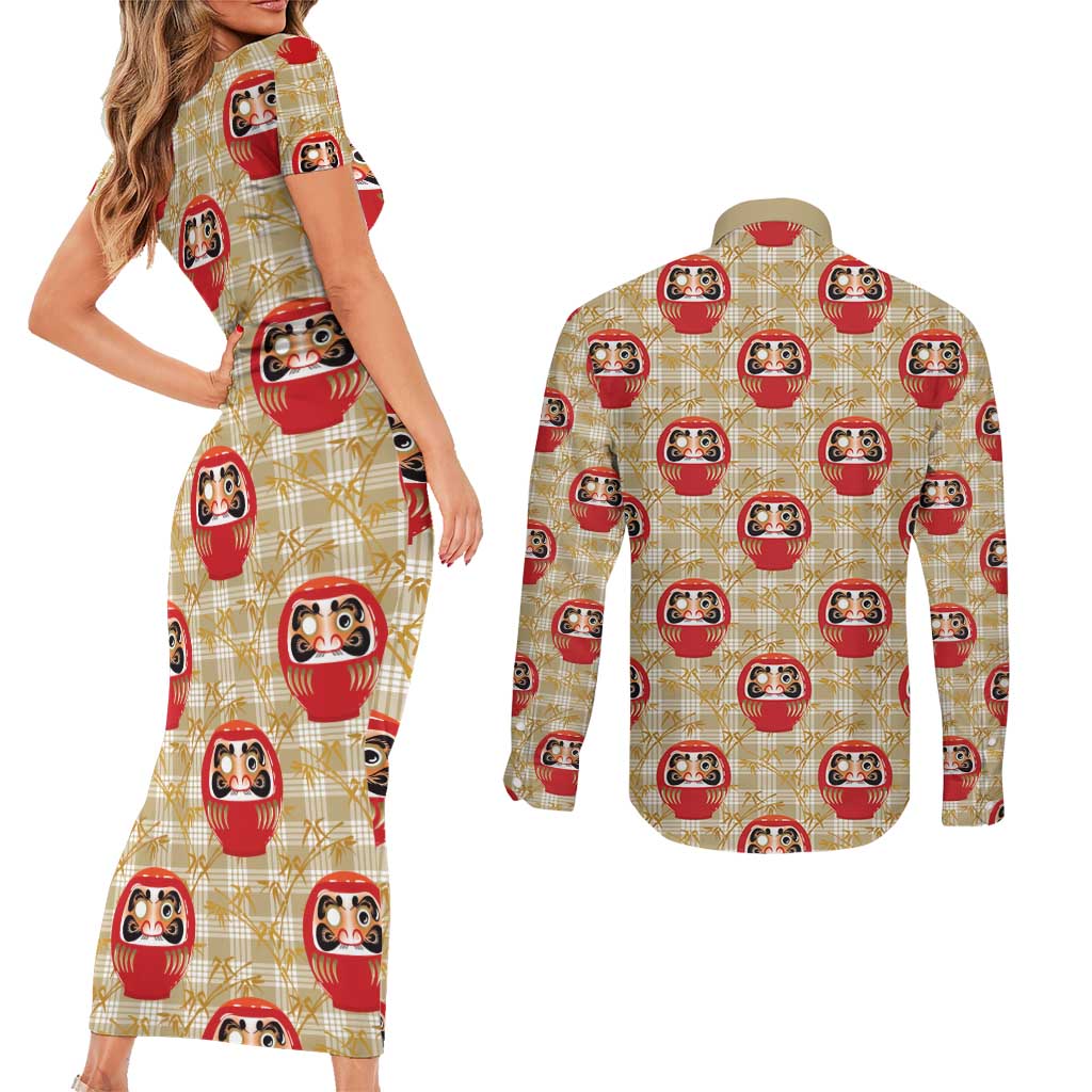 Japanese Daruma Doll Couples Matching Short Sleeve Bodycon Dress and Long Sleeve Button Shirt Palaka With Seamless Bamboo Pattern - Polynesian Pride