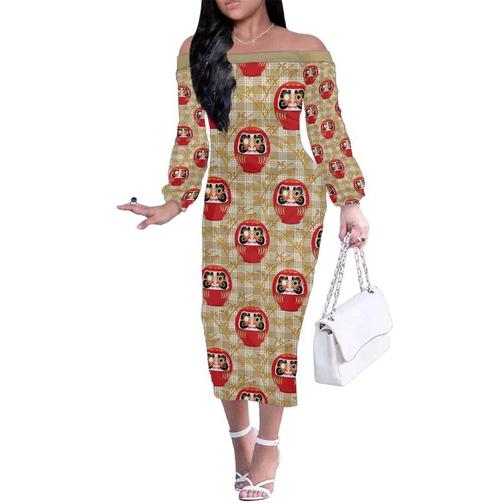 Japanese Daruma Doll Family Matching Off The Shoulder Long Sleeve Dress and Hawaiian Shirt Palaka With Seamless Bamboo Pattern LT14 Mom's Dress Beige - Polynesian Pride