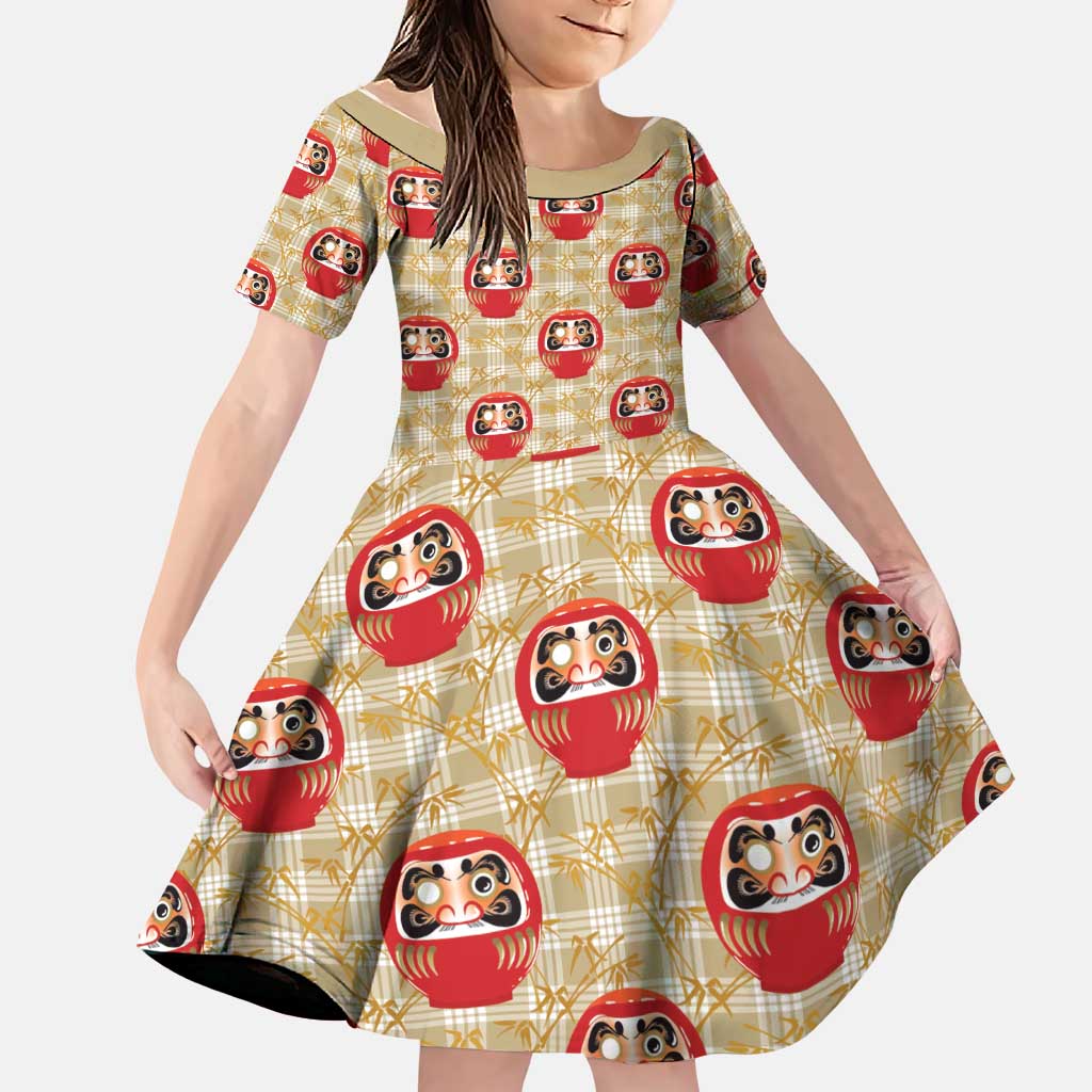Japanese Daruma Doll Family Matching Off Shoulder Short Dress and Hawaiian Shirt Palaka With Seamless Bamboo Pattern LT14 Daughter's Dress Beige - Polynesian Pride