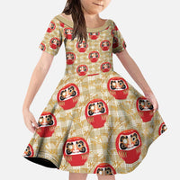 Japanese Daruma Doll Family Matching Off Shoulder Short Dress and Hawaiian Shirt Palaka With Seamless Bamboo Pattern LT14 Daughter's Dress Beige - Polynesian Pride