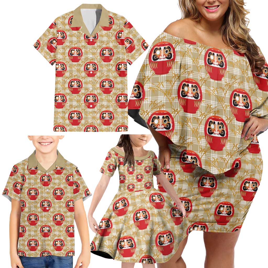 Japanese Daruma Doll Family Matching Off Shoulder Short Dress and Hawaiian Shirt Palaka With Seamless Bamboo Pattern LT14 - Polynesian Pride