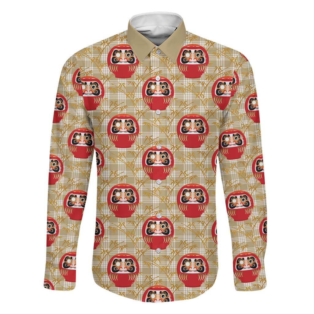 Japanese Daruma Doll Family Matching Off Shoulder Short Dress and Hawaiian Shirt Palaka With Seamless Bamboo Pattern LT14 Dad's Shirt - Long Sleeve Beige - Polynesian Pride