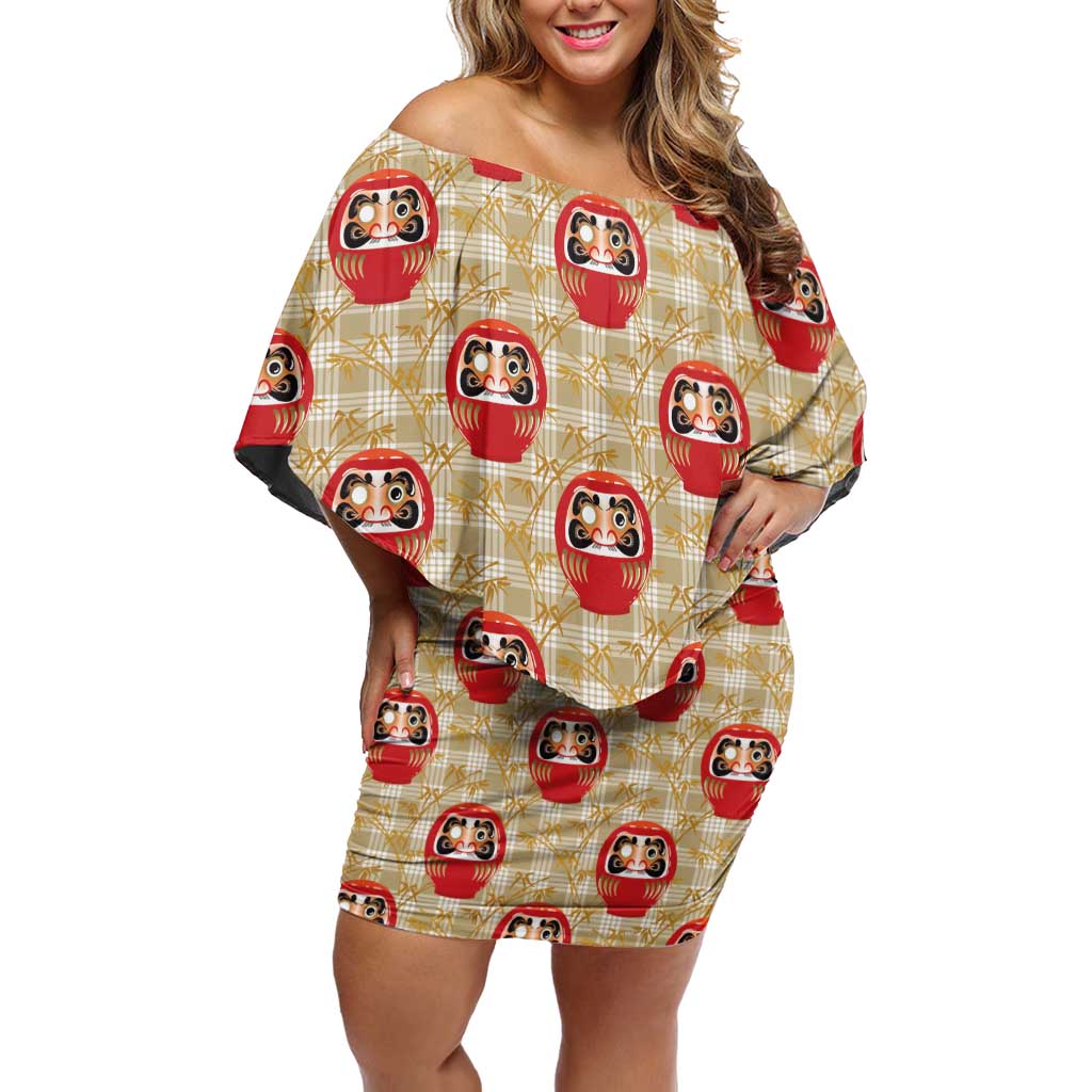 Japanese Daruma Doll Family Matching Off Shoulder Short Dress and Hawaiian Shirt Palaka With Seamless Bamboo Pattern LT14 Mom's Dress Beige - Polynesian Pride