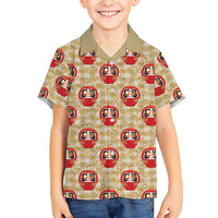 Japanese Daruma Doll Family Matching Off Shoulder Short Dress and Hawaiian Shirt Palaka With Seamless Bamboo Pattern LT14 Son's Shirt Beige - Polynesian Pride