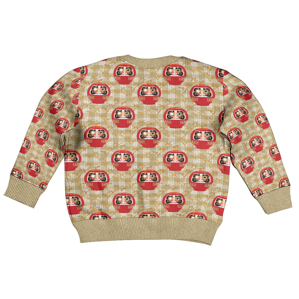 Japanese Daruma Doll Kid Ugly Christmas Sweater Palaka With Seamless Bamboo Pattern LT14 - Polynesian Pride