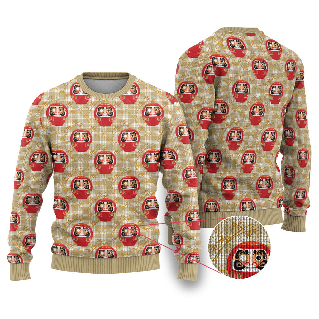 Japanese Daruma Doll Ugly Christmas Sweater Palaka With Seamless Bamboo Pattern LT14 Beige - Polynesian Pride