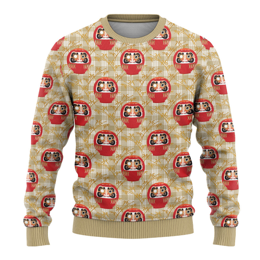 Japanese Daruma Doll Ugly Christmas Sweater Palaka With Seamless Bamboo Pattern LT14 - Polynesian Pride