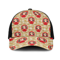 Japanese Daruma Doll Mesh Trucker Cap Palaka With Seamless Bamboo Pattern LT14 One Size Black Beige - Polynesian Pride