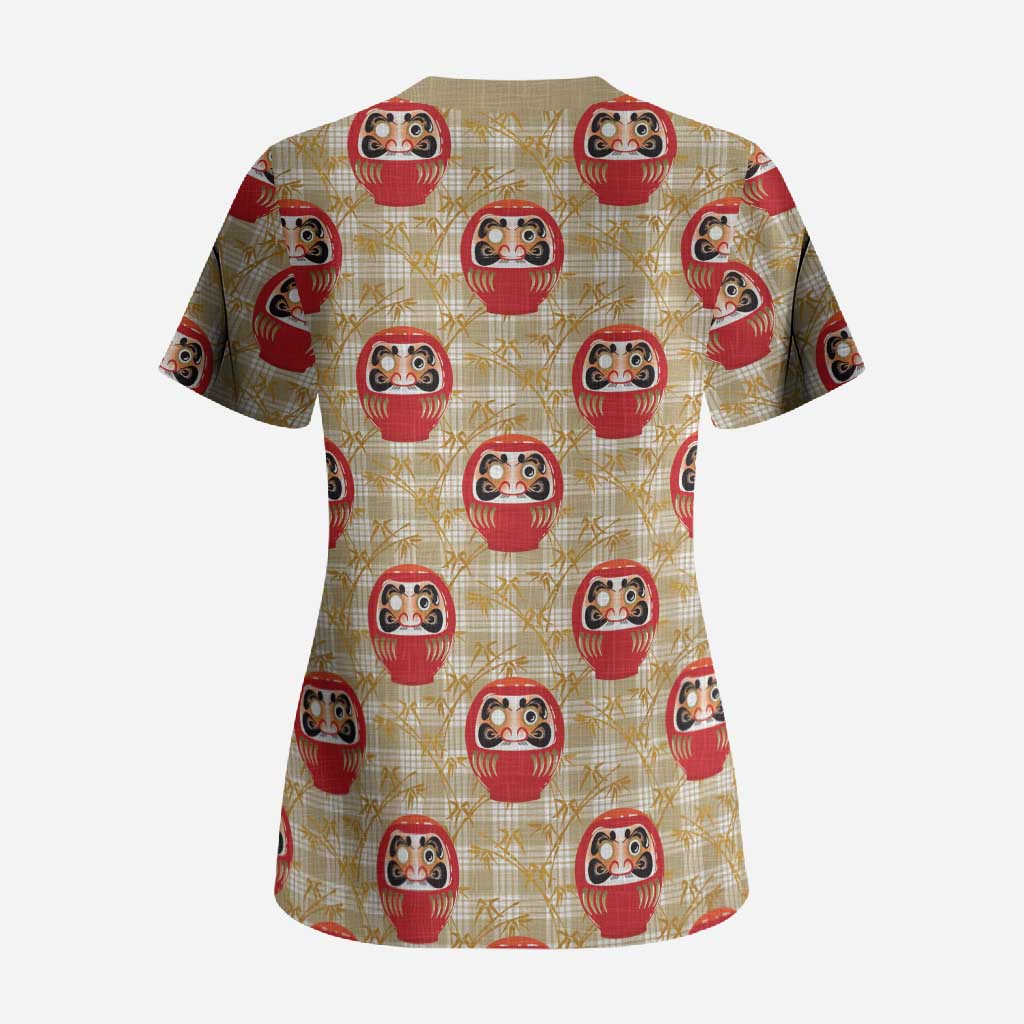Japanese Daruma Doll Scrub Top Palaka With Seamless Bamboo Pattern - Polynesian Pride