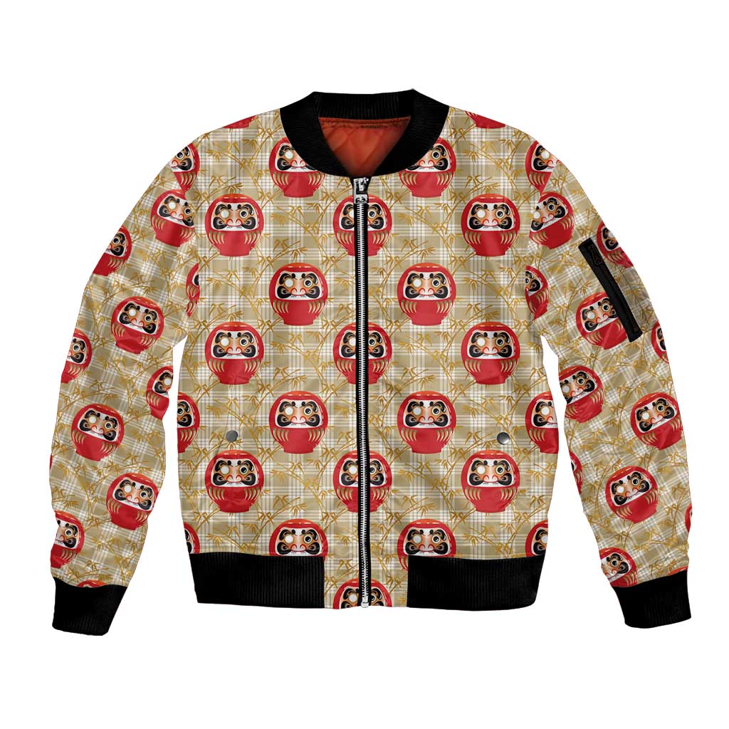 Japanese Daruma Doll Sleeve Zip Bomber Jacket Palaka With Seamless Bamboo Pattern - Polynesian Pride