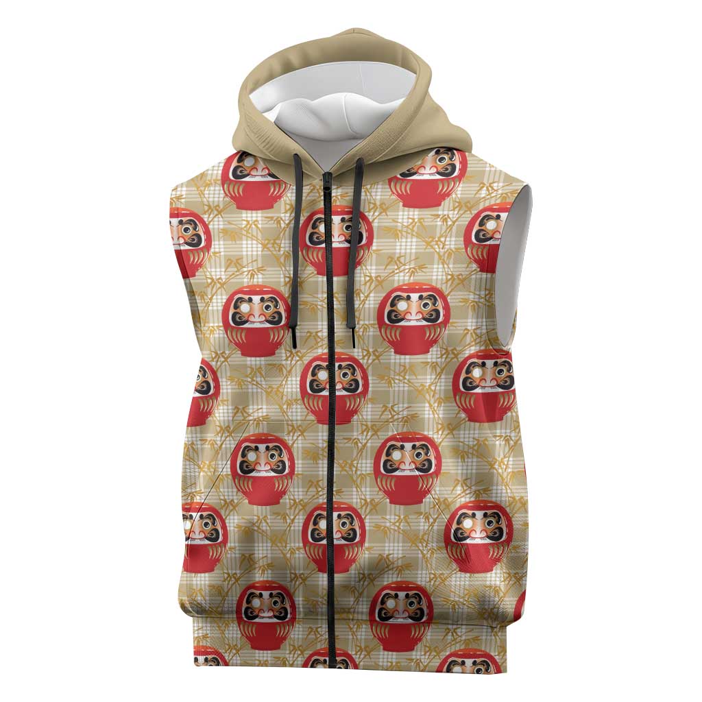 Japanese Daruma Doll Sleeveless Zip Hoodie Palaka With Seamless Bamboo Pattern - Polynesian Pride