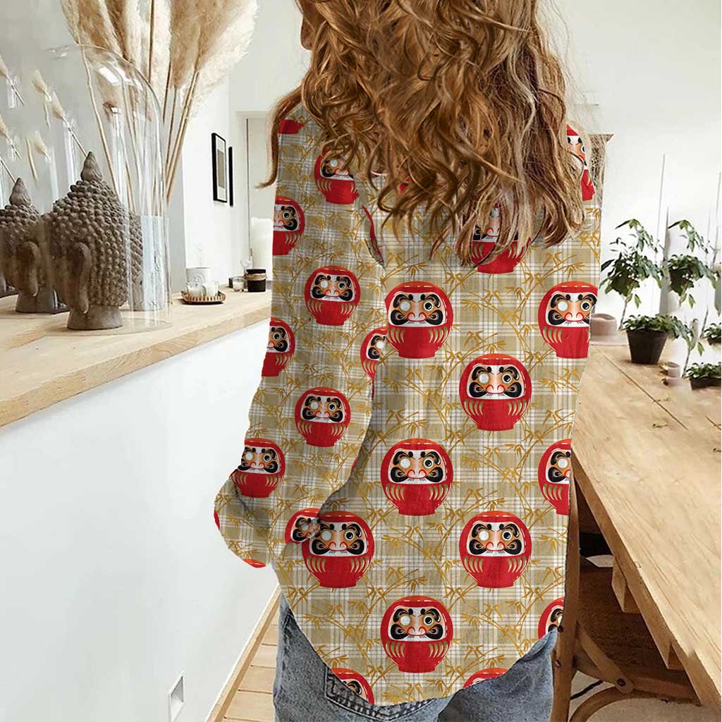 Japanese Daruma Doll Women Casual Shirt Palaka With Seamless Bamboo Pattern - Polynesian Pride