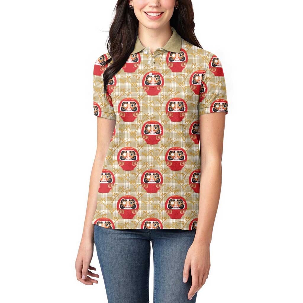 Japanese Daruma Doll Women Polo Shirt Palaka With Seamless Bamboo Pattern - Polynesian Pride