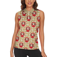 Japanese Daruma Doll Women Sleeveless Polo Shirt Palaka With Seamless Bamboo Pattern - Polynesian Pride