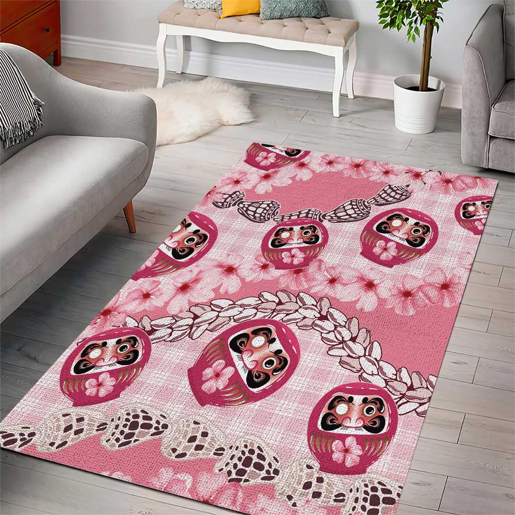 Japanese Daruma Doll Palaka Area Rug Cherry Blossoms With Shell Lei - Polynesian Pride