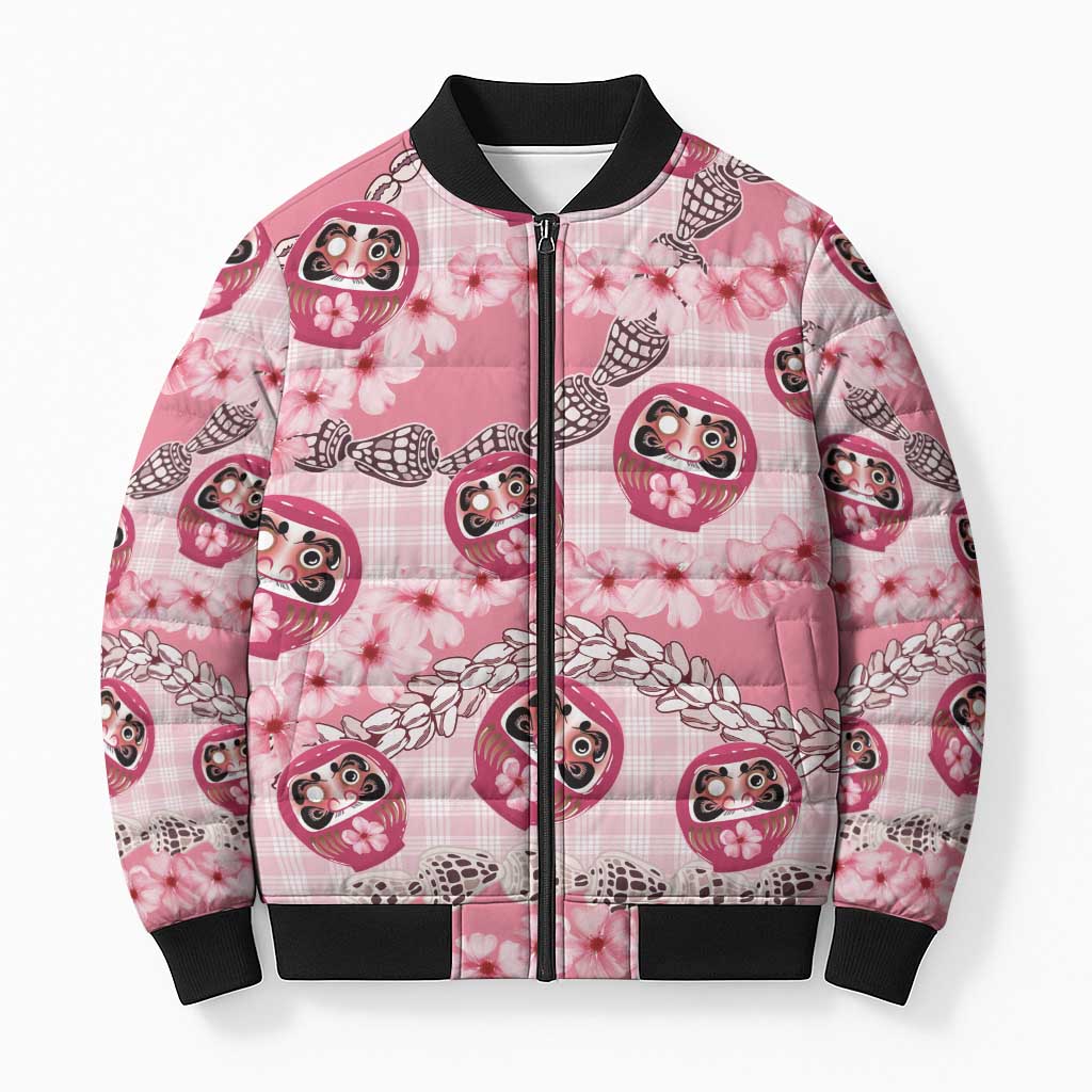 Japanese Daruma Doll Palaka Bomber Puffer Jacket Cherry Blossoms With Shell Lei - Polynesian Pride