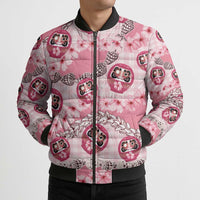 Japanese Daruma Doll Palaka Bomber Puffer Jacket Cherry Blossoms With Shell Lei - Polynesian Pride