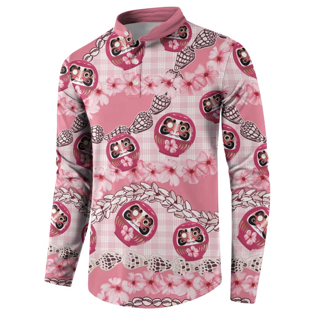 Japanese Daruma Doll Palaka Button Sweatshirt Cherry Blossoms With Shell Lei - Polynesian Pride
