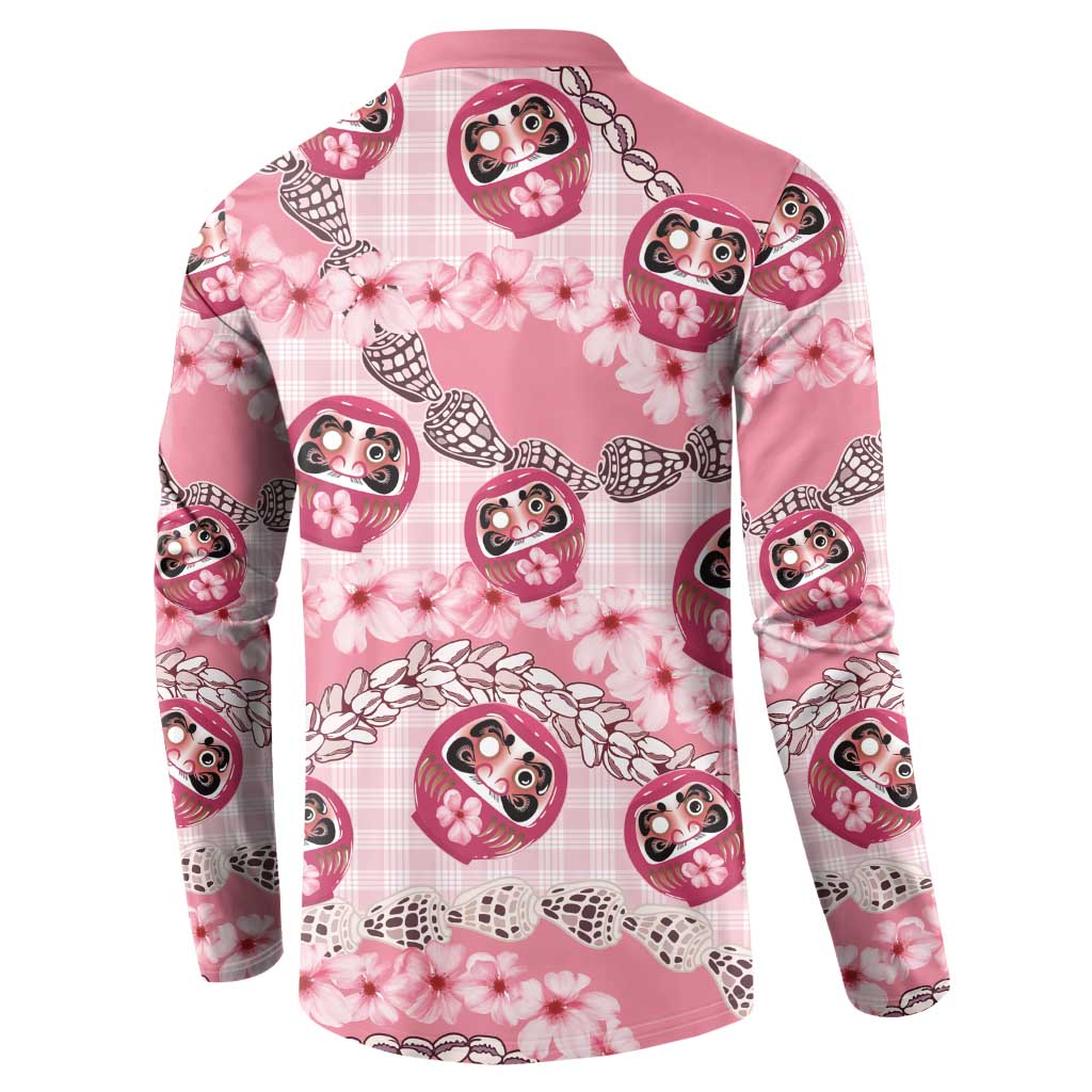 Japanese Daruma Doll Palaka Button Sweatshirt Cherry Blossoms With Shell Lei - Polynesian Pride