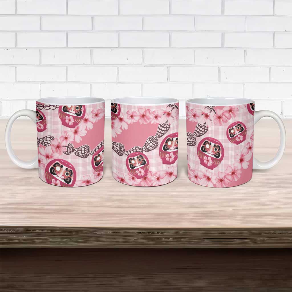 Japanese Daruma Doll Palaka Ceramic Mug Cherry Blossoms With Shell Lei - Polynesian Pride