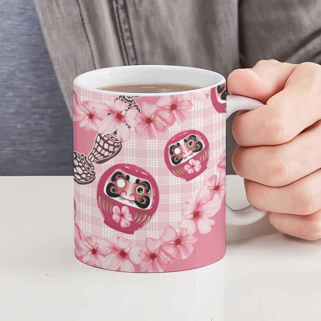 Japanese Daruma Doll Palaka Ceramic Mug Cherry Blossoms With Shell Lei - Polynesian Pride