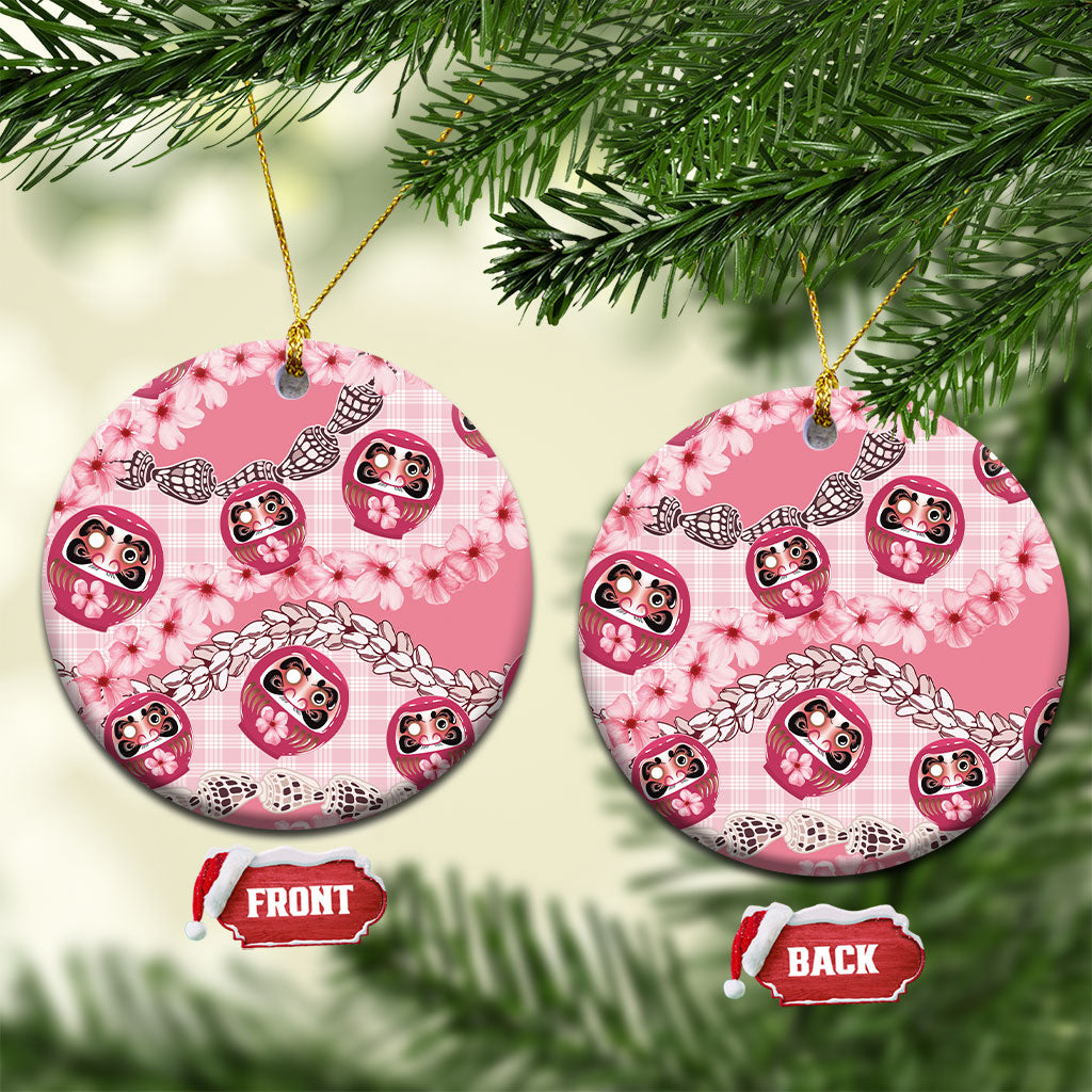 Japanese Daruma Doll Palaka Ceramic Ornament Cherry Blossoms With Shell Lei LT14 Circle Pink - Polynesian Pride