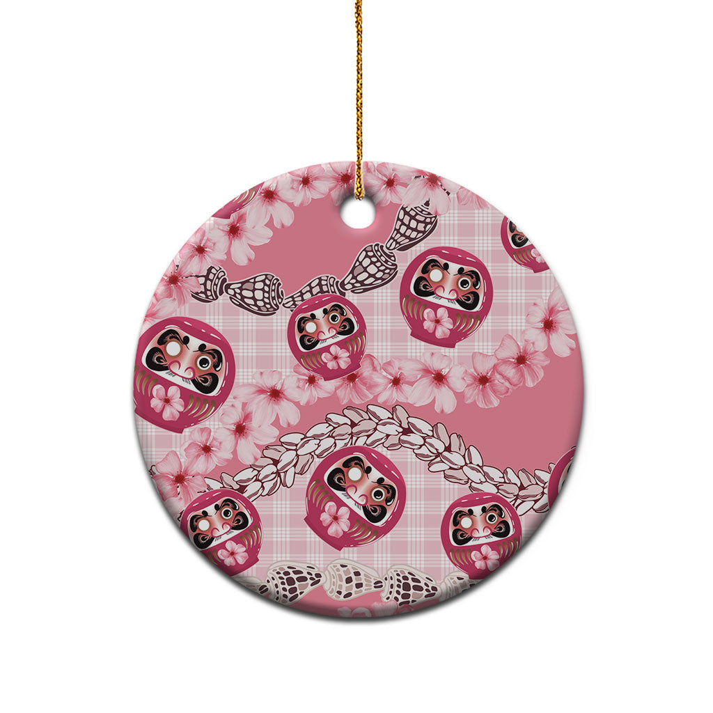 Japanese Daruma Doll Palaka Ceramic Ornament Cherry Blossoms With Shell Lei LT14 - Polynesian Pride