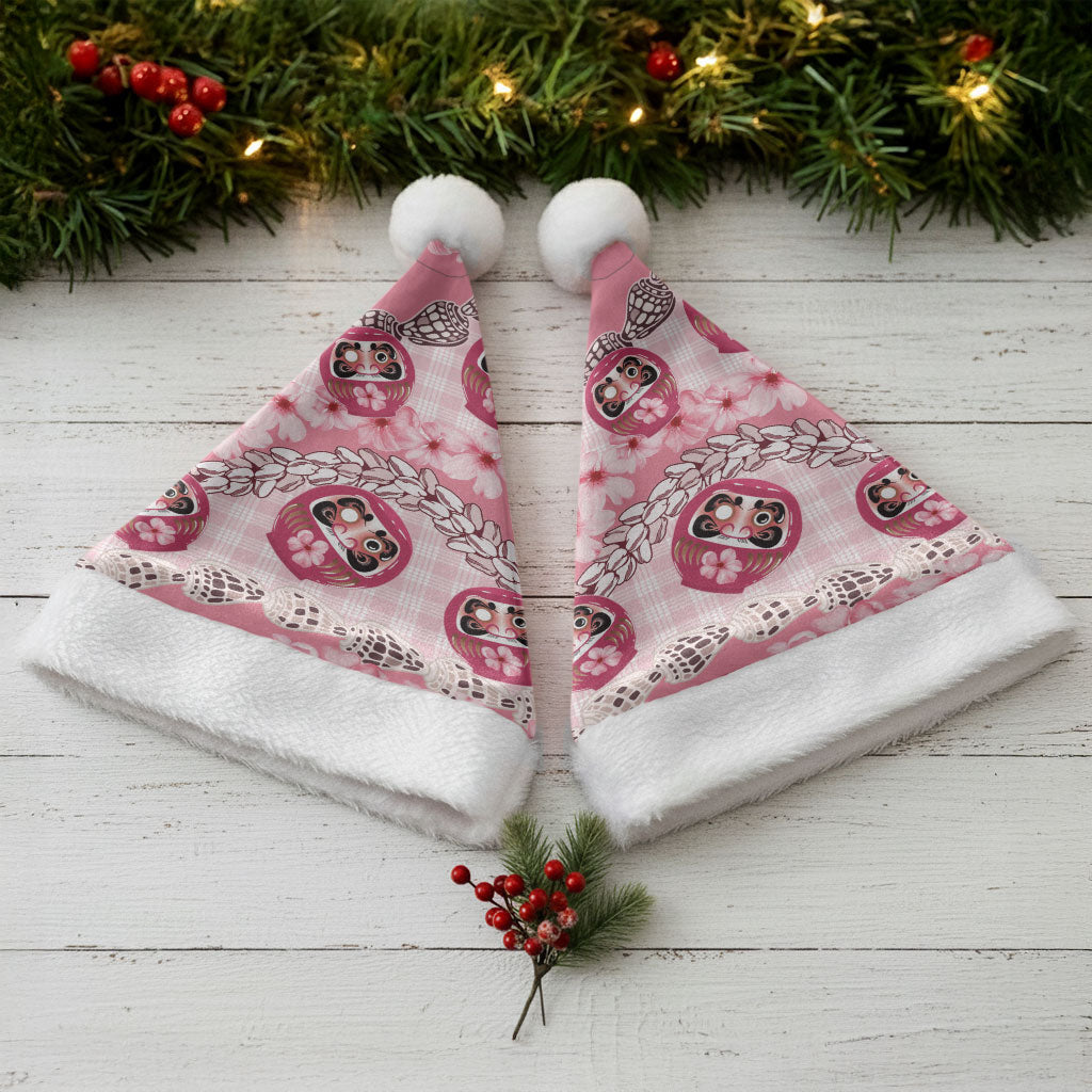 Japanese Daruma Doll Palaka Christmas Santa Hat Cherry Blossoms With Shell Lei LT14 - Polynesian Pride