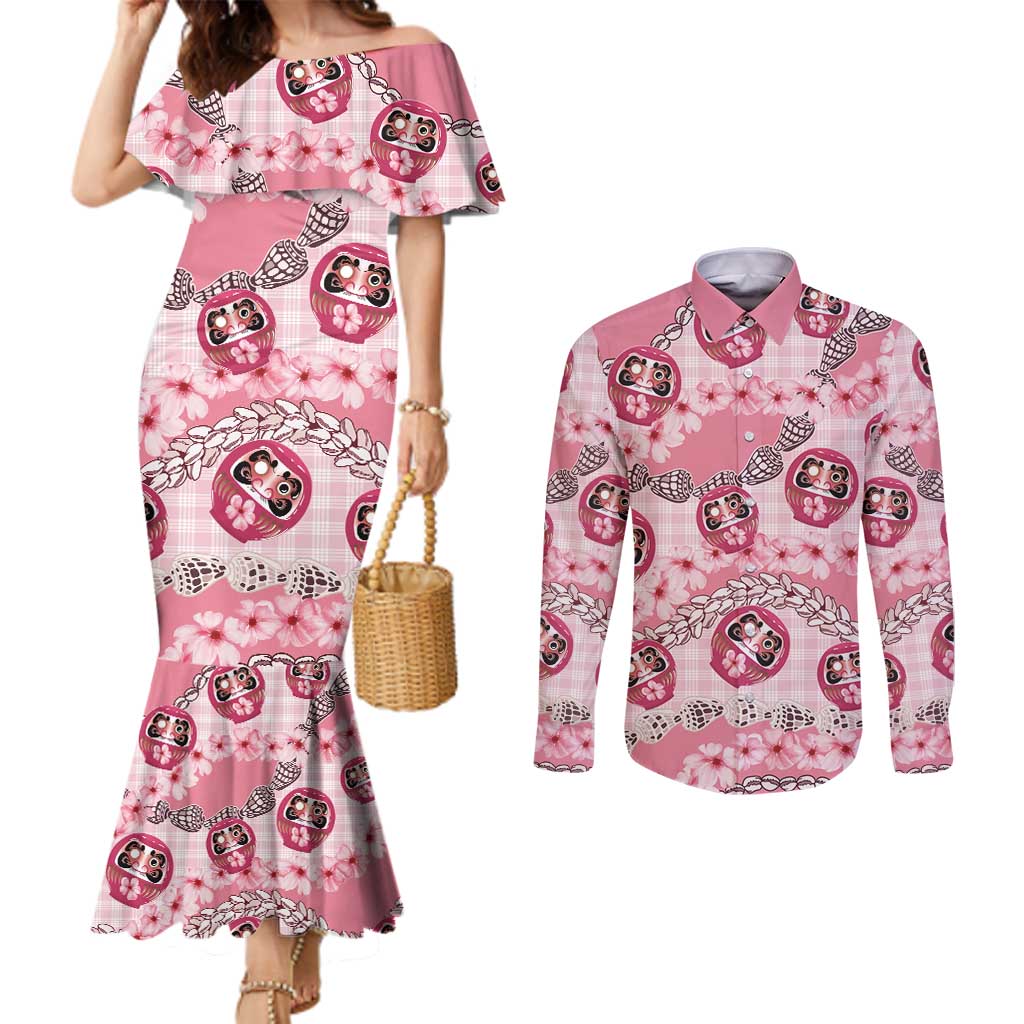 Japanese Daruma Doll Palaka Couples Matching Mermaid Dress and Long Sleeve Button Shirt Cherry Blossoms With Shell Lei - Polynesian Pride