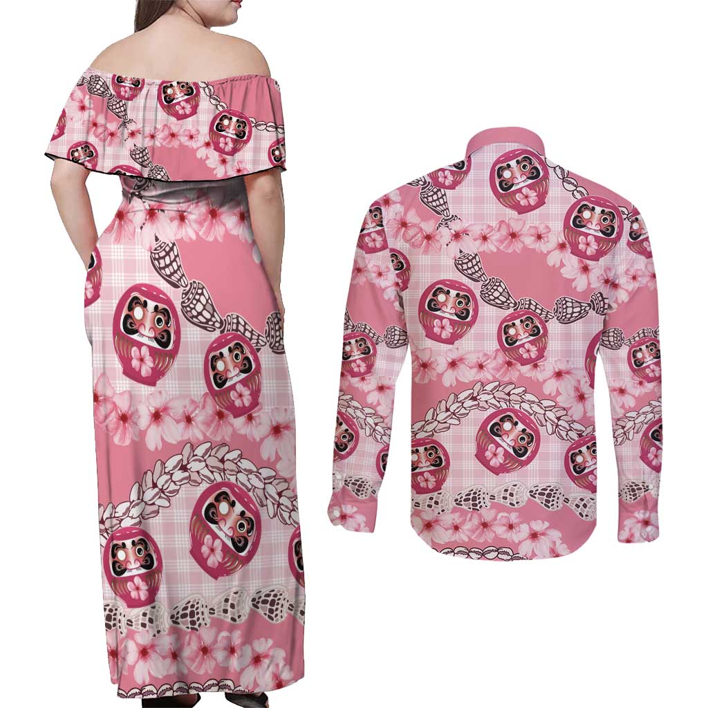 Japanese Daruma Doll Palaka Couples Matching Off Shoulder Maxi Dress and Long Sleeve Button Shirt Cherry Blossoms With Shell Lei - Polynesian Pride
