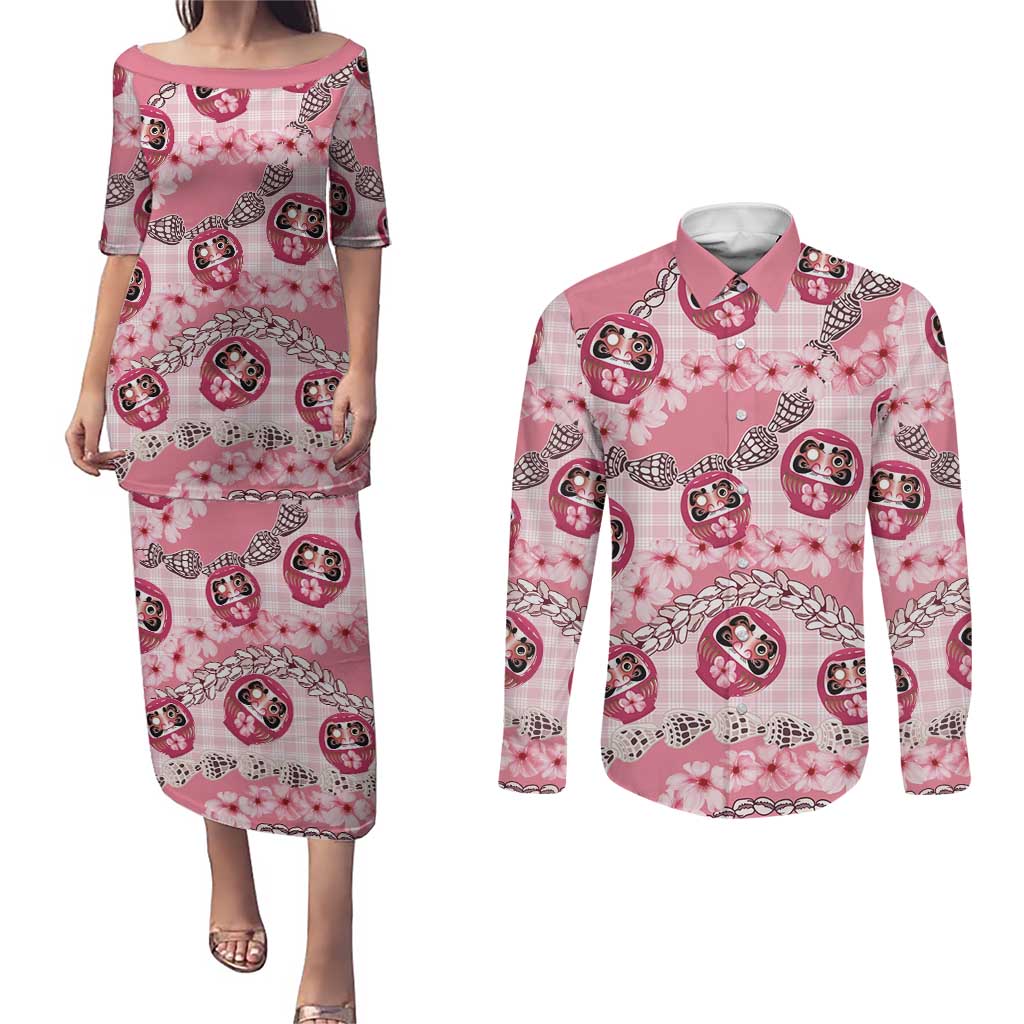 Japanese Daruma Doll Palaka Couples Matching Puletasi and Long Sleeve Button Shirt Cherry Blossoms With Shell Lei - Polynesian Pride