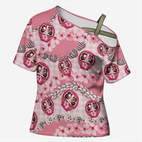 Japanese Daruma Doll Palaka Cross Shoulder Shirt Cherry Blossoms With Shell Lei - Polynesian Pride