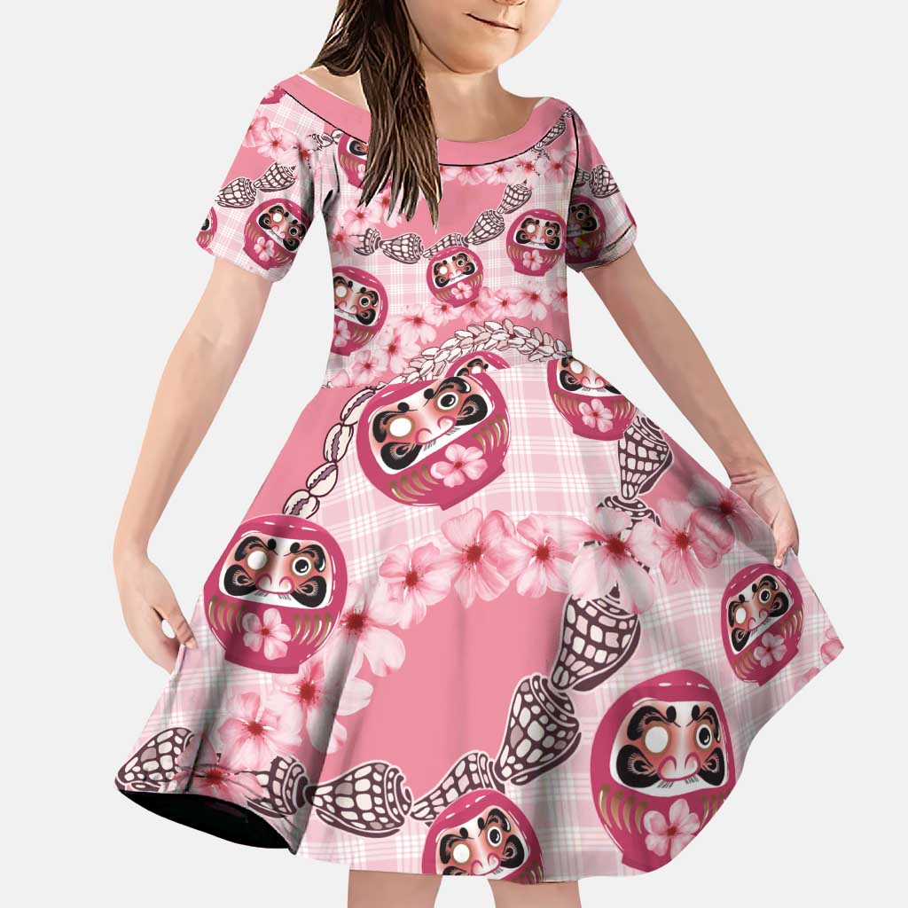 Japanese Daruma Doll Palaka Family Matching Long Sleeve Bodycon Dress and Hawaiian Shirt Cherry Blossoms With Shell Lei LT14 Daughter's Dress Pink - Polynesian Pride