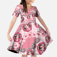 Japanese Daruma Doll Palaka Family Matching Long Sleeve Bodycon Dress and Hawaiian Shirt Cherry Blossoms With Shell Lei LT14 Daughter's Dress Pink - Polynesian Pride