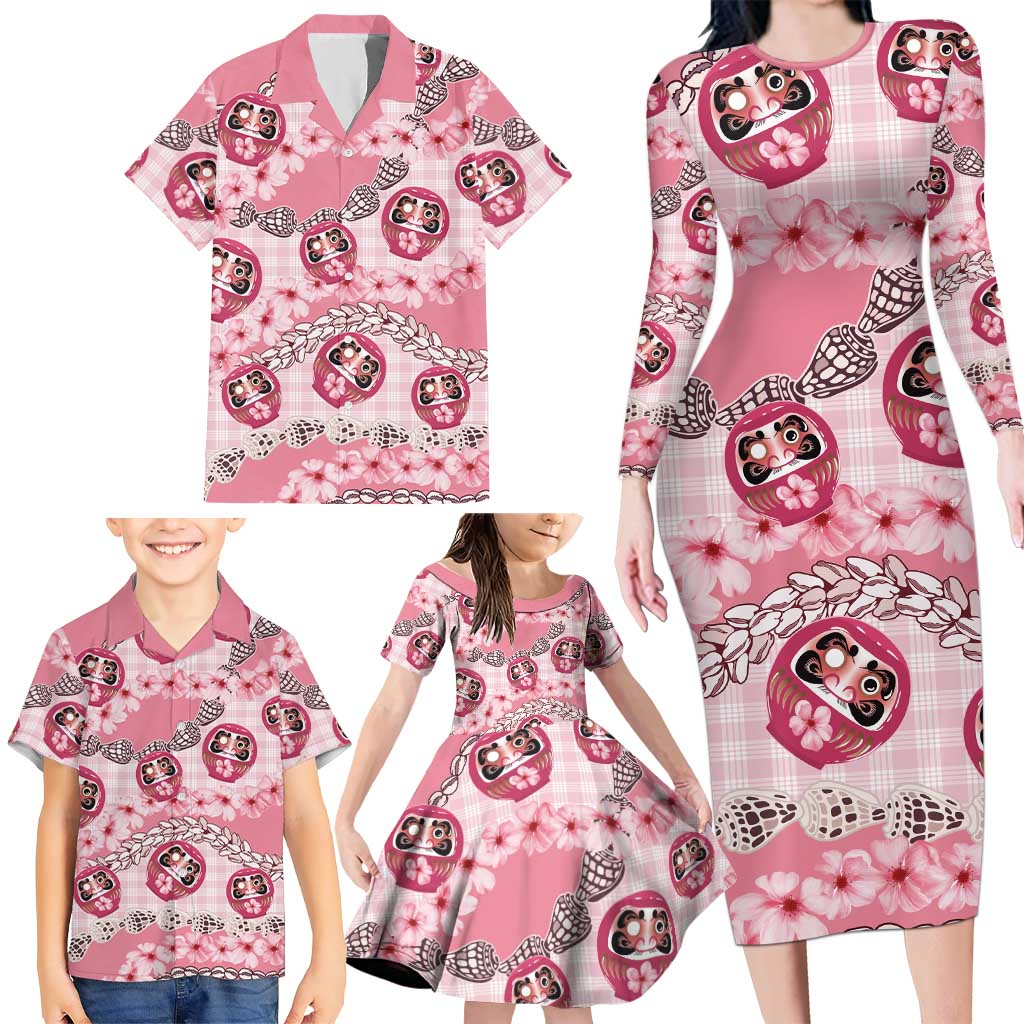 Japanese Daruma Doll Palaka Family Matching Long Sleeve Bodycon Dress and Hawaiian Shirt Cherry Blossoms With Shell Lei LT14 - Polynesian Pride