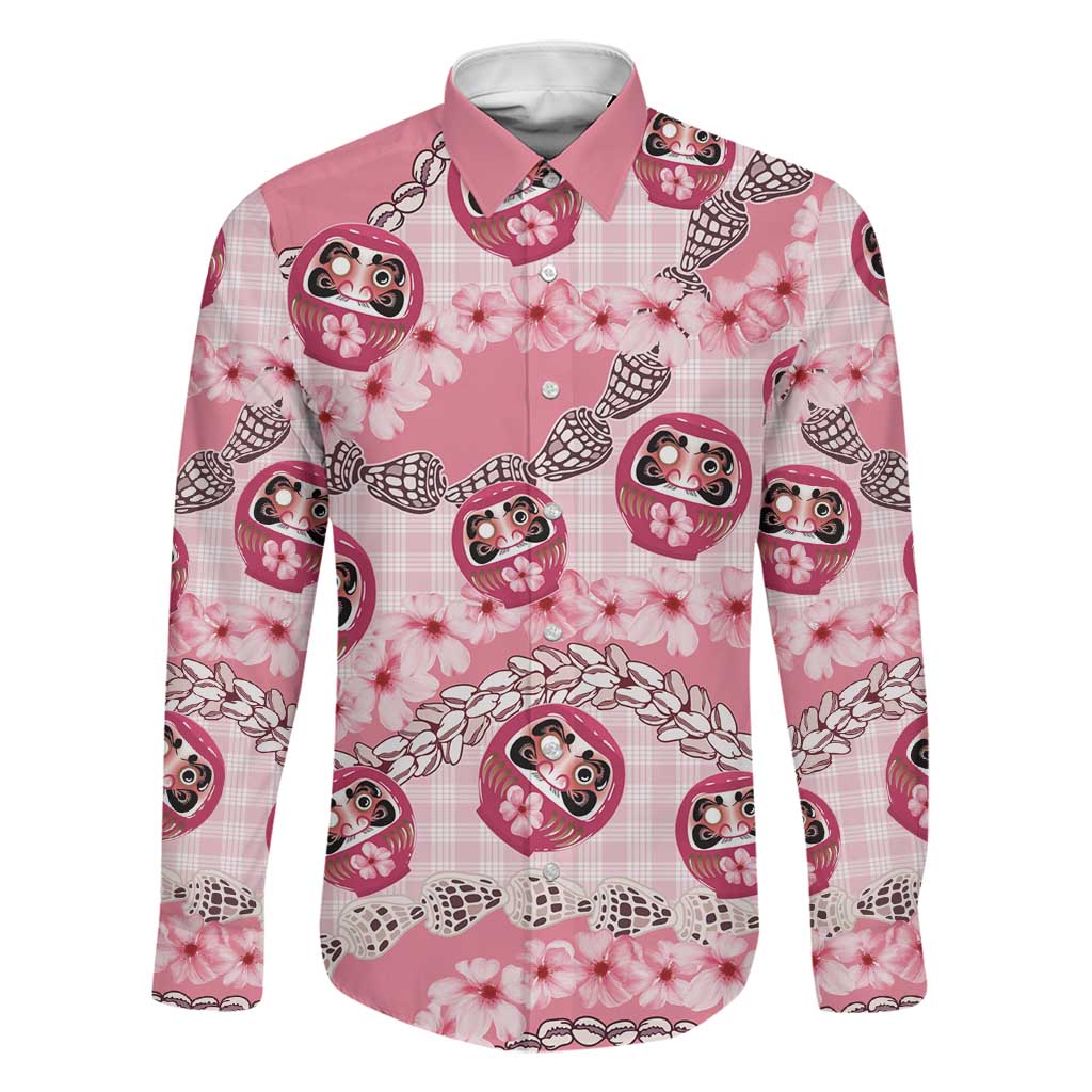 Japanese Daruma Doll Palaka Family Matching Mermaid Dress and Hawaiian Shirt Cherry Blossoms With Shell Lei LT14 Dad's Shirt - Long Sleeve Pink - Polynesian Pride