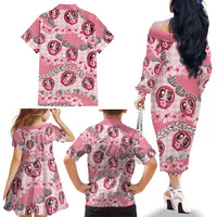 Japanese Daruma Doll Palaka Family Matching Off The Shoulder Long Sleeve Dress and Hawaiian Shirt Cherry Blossoms With Shell Lei LT14 - Polynesian Pride