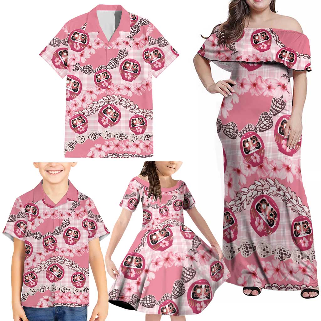 Japanese Daruma Doll Palaka Family Matching Off Shoulder Maxi Dress and Hawaiian Shirt Cherry Blossoms With Shell Lei - Polynesian Pride