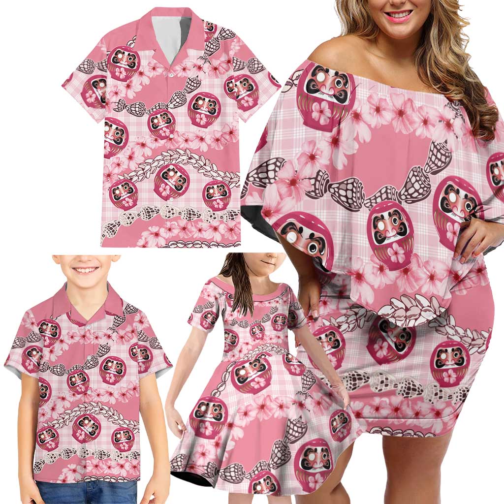 Japanese Daruma Doll Palaka Family Matching Off Shoulder Short Dress and Hawaiian Shirt Cherry Blossoms With Shell Lei LT14 - Polynesian Pride