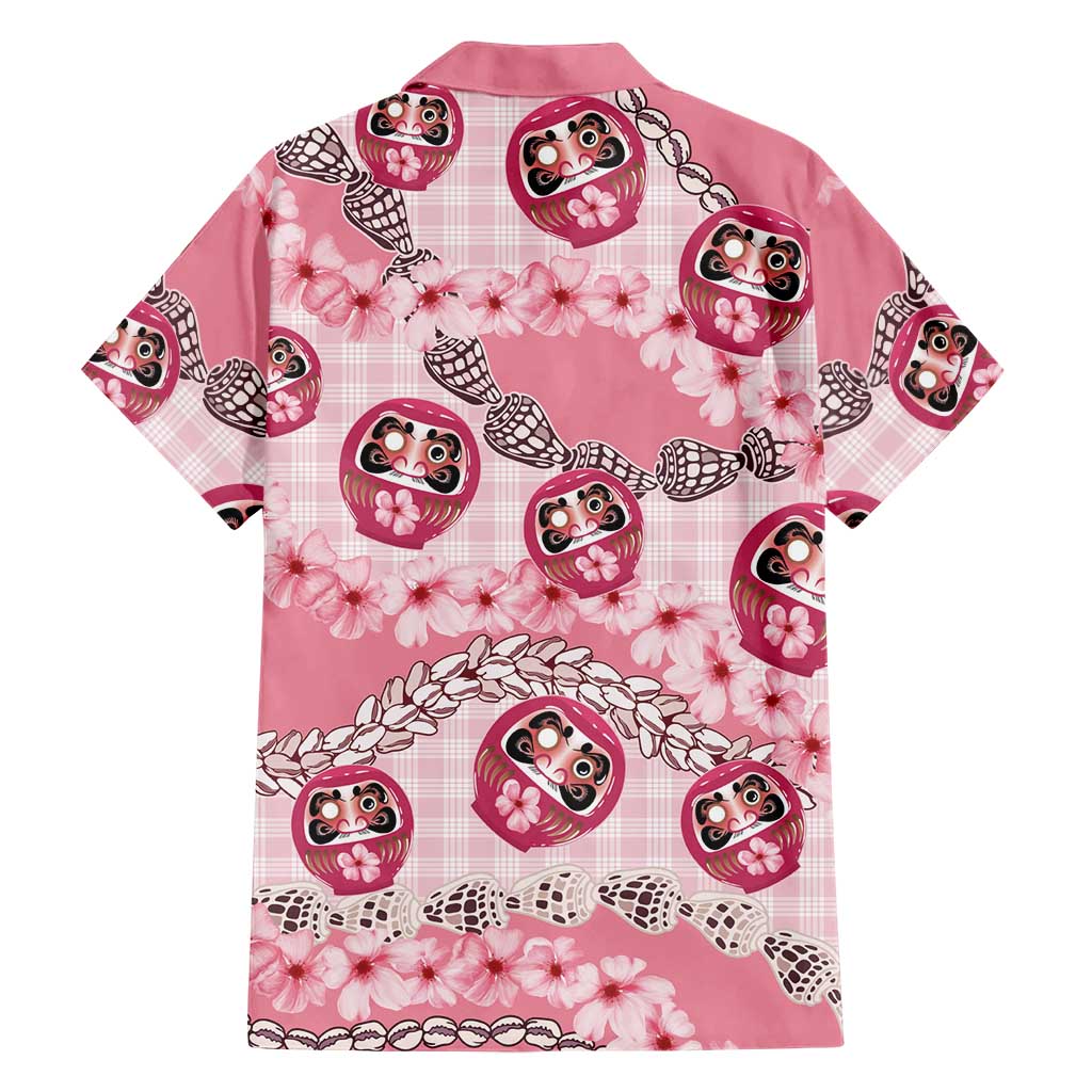 Japanese Daruma Doll Palaka Family Matching Off Shoulder Short Dress and Hawaiian Shirt Cherry Blossoms With Shell Lei LT14 - Polynesian Pride