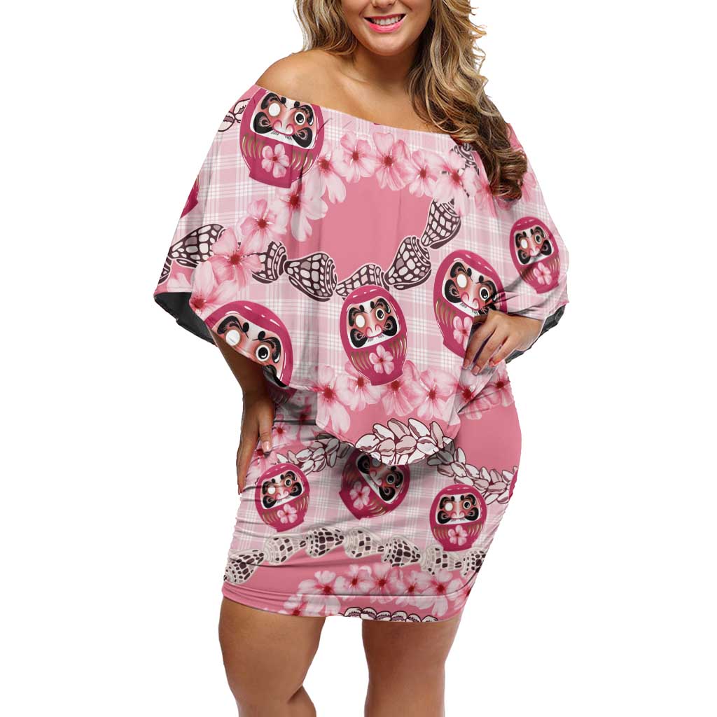 Japanese Daruma Doll Palaka Family Matching Off Shoulder Short Dress and Hawaiian Shirt Cherry Blossoms With Shell Lei LT14 Mom's Dress Pink - Polynesian Pride