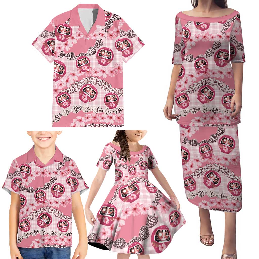 Japanese Daruma Doll Palaka Family Matching Puletasi and Hawaiian Shirt Cherry Blossoms With Shell Lei - Polynesian Pride
